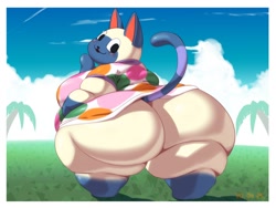 Size: 1280x960 | Tagged: suggestive, artist:x_no_na_x, mitzi (animal crossing), cat, feline, mammal, anthro, animal crossing, nintendo, 2020, breasts, cloud, fat, huge breasts, hyper, hyper butt, looking at you, looking back, looking back at you, morbidly obese, obese, palm tree, rear view, sky, solo, tail