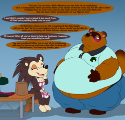Size: 1933x1867 | Tagged: suggestive, artist:jouigidragon, sable (animal crossing), tom nook (animal crossing), canine, hedgehog, mammal, raccoon dog, anthro, comic:the struggles of a seamstress, animal crossing, nintendo, 2019, apron, bag, belly fluff, blue background, blushing, bottomwear, breasts, cleavage, clothes, commission, curvy, dialogue, duo, eyelashes, fat, fat fetish, female, fluff, huge belly, hyper, jeans, lidded eyes, male, mature, mature male, moobs, morbidly obese, naked apron, nudity, obese, one eye closed, open mouth, pants, partial nudity, polo shirt, quills, sewing machine, simple background, sitting, table, tail, talking