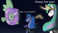 Size: 3840x2160 | Tagged: safe, artist:chopchopguy, princess celestia (mlp), princess luna (mlp), spike (mlp), alicorn, dragon, equine, fictional species, mammal, pony, feral, friendship is magic, hasbro, my little pony, 16:9, 2020, :o, betrayal, cloud, curved horn, feathered wings, feathers, female, folded wings, glowing, glowing horn, gun, handgun, high res, horn, imminent death, levitation, magic, male, mare, meme, moon, open mouth, pistol, sitting, space, tail, telekinesis, text, this will end in death, this will end in pain, wallpaper, weapon, wide eyes, wings