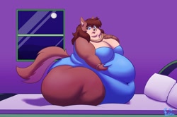 Size: 1280x850 | Tagged: suggestive, artist:glwuffie, oc, oc only, oc:mary blissany, canine, dog, mammal, anthro, 2018, art trade, bed, belly grab, breasts, brown fur, cleavage, double chin, fat, female, fur, huge belly, huge breasts, indoors, moon, night, night sky, obese, one-piece swimsuit, pillow, signature, sky, solo, solo female, tail, thick thighs, thighs, window