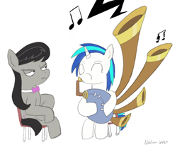Size: 1080x900 | Tagged: safe, artist:addelum, octavia melody (mlp), vinyl scratch (mlp), earth pony, equine, fictional species, mammal, pony, unicorn, feral, friendship is magic, hasbro, my little pony, 2020, annoyed, atg 2020, bow tie, clothes, duo, duo female, eyes closed, female, horn, mare, newbie artist training grounds, signature, simple background, tail, white background