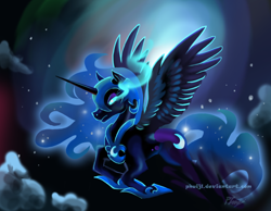 Size: 900x700 | Tagged: safe, artist:phuijl, nightmare moon (mlp), alicorn, equine, fictional species, mammal, pony, feral, friendship is magic, hasbro, my little pony, armor, clothes, cloud, ethereal mane, feathered wings, feathers, female, flying, glowing, glowing eyes, helmet, horn, mare, night, peytral, shoes, sky, solo, solo female, spread wings, stars, tail, watermark, wings