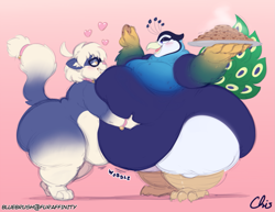 Size: 1155x892 | Tagged: suggestive, artist:nekocrispy, oc, oc:crispy, oc:percival (genieric), bird, cat, feline, galliform, mammal, peafowl, anthro, 2020, belly grab, blushing, breasts, butt, commission, cookie, duo, eating, fat, fat fetish, featureless breasts, femboy, food, fursona, glasses, gradient background, heart, huge belly, huge butt, hyper, lidded eyes, love heart, male, male/male, moobs, morbidly obese, nudity, obese, shadow, signature, sound effect, tail, thick thighs, url, weight gain