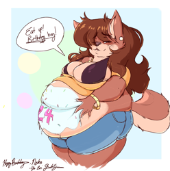 Size: 1671x1684 | Tagged: suggestive, artist:garuda_six, oc, oc only, oc:mary blissany, canine, dog, mammal, anthro, abstract background, belly grab, big breasts, birthday gift, blushing, breasts, cleavage, dialogue, fat, female, food play, huge belly, looking at you, midriff, obese, solo, solo female, tail, talking, text, thick thighs