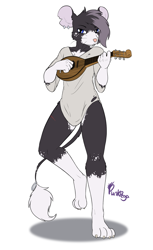 Size: 1260x2058 | Tagged: safe, artist:punkpega, oc, oc only, oc:tangier, mammal, mouse, rodent, anthro, black fur, blue eyes, bottomless, fur, lute, male, musical instrument, nudity, oversized clothes, partial nudity, piercing, scar, simple background, solo, solo male, tail, whiskers, white background