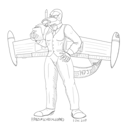 Size: 3000x3000 | Tagged: safe, artist:panzerschreckleopard, animate aircraft, animate machine, animate object, fictional species, anthro, 2019, aircraft, airplane, beechcraft, clipboard, clothes, female, high res, monochrome, necktie, solo, solo female, suit, tail, vehicle
