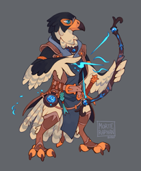 Size: 659x800 | Tagged: safe, artist:morteraphan, oc, oc only, bird, bird of prey, hawk, anthro, digitigrade anthro, ambiguous gender, beak, belt, bird feet, black feathers, blue eyes, bow (weapon), clothes, feathers, gray background, holding, legwear, magic, magic aura, signature, simple background, solo, solo ambiguous, standing, sword, tail, tail feathers, tan feathers, weapon, wing hands, wing hold, wings