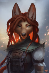 Size: 992x1488 | Tagged: safe, artist:alectorfencer, myre (myre), canine, mammal, anthro, myre, 2020, bust, clothes, ear fluff, female, fluff, front view, hair, looking at you, solo, solo female