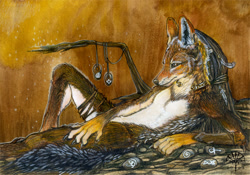 Size: 731x513 | Tagged: safe, artist:alectorfencer, canine, jackal, mammal, anthro, 2008, abstract background, brown fur, ear fluff, fluff, fur, hand on leg, lying down, male, on back, signature, solo, solo male, tail, tail fluff, traditional art, white fur