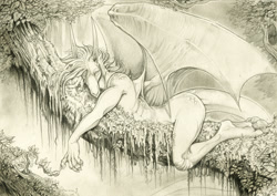 Size: 976x692 | Tagged: suggestive, artist:alectorfencer, oc, oc only, oc:fafnir (fafnirkristensen), dragon, fictional species, reptile, western dragon, anthro, 2009, butt, claws, hair, horns, leaf, looking at you, lying down, male, monochrome, nudity, prone, reptile feet, solo, solo male, spread wings, tail, traditional art, tree, webbed wings, wings