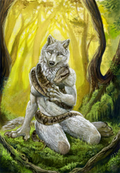 Size: 593x858 | Tagged: safe, artist:alectorfencer, canine, mammal, reptile, snake, wolf, anthro, digitigrade anthro, feral, 2010, ambiguous gender, breasts, cheek fluff, chest fluff, claws, coiling, duo, ear fluff, featureless breasts, female, fluff, forest, front view, fur, leg fluff, moss, sitting, snake tail, tail, traditional art, white fur