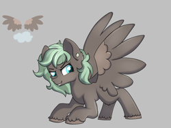 Size: 1280x960 | Tagged: safe, artist:dumbwoofer, oc, oc only, equine, fictional species, mammal, pegasus, pony, feral, friendship is magic, hasbro, my little pony, blue eyes, ear piercing, earring, feathered wings, feathers, female, gray background, mare, piercing, simple background, solo, solo female, spread wings, wings