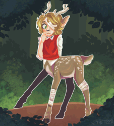 Size: 1280x1416 | Tagged: safe, artist:zihette, animal humanoid, cervid, deer, fictional species, mammal, humanoid, taur, 2d, 2d animation, animated, antlers, cervitaur, chest, freckles, gif, green eyes, male, solo, solo male, tail