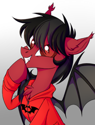 Size: 2185x2881 | Tagged: safe, artist:kannakiller, bat pony, equine, fictional species, mammal, pony, feral, fall out boy, friendship is magic, hasbro, my little pony, pete wentz, 2020, bat wings, black hair, black mane, bust, chest fluff, clothes, colored pupils, commission, digital art, ear fluff, fangs, feralized, fluff, fur, furrified, gradient background, grin, hair, happy, high res, hoodie, hooves, male, mane, messy mane, ponified, raised hoof, red fur, slit pupils, smiling, solo, solo male, spread wings, stallion, teeth, topwear, webbed wings, wings, ych result