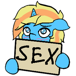 Size: 256x256 | Tagged: safe, artist:move, furbooru exclusive, oc, oc only, oc:skydreams, equine, fictional species, mammal, pony, unicorn, feral, friendship is magic, hasbro, my little pony, 1:1, blue eyes, blushing, female, horn, horny, low res, sign, smiling, solo, solo female