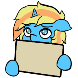 Size: 1000x1000 | Tagged: safe, artist:move, oc, oc only, oc:skydreams, equine, fictional species, mammal, pony, unicorn, feral, friendship is magic, hasbro, my little pony, blue eyes, female, horn, meme, sign, smiling, solo, solo female
