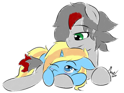 Size: 2000x1500 | Tagged: safe, artist:move, oc, oc only, oc:move, oc:skydreams, equine, fictional species, mammal, pegasus, pony, unicorn, feral, friendship is magic, hasbro, my little pony, blue eyes, blushing, cute, duo, female, horn, hug, smiling, tail