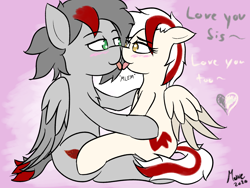 Size: 2000x1500 | Tagged: safe, artist:move, furbooru exclusive, oc, oc only, oc:arya, oc:move, equine, fictional species, mammal, pegasus, pony, feral, friendship is magic, hasbro, my little pony, blushing, duo, incest, licking, love, mlem, sitting, tail, tongue, tongue out, wings