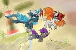 Size: 3400x2236 | Tagged: safe, artist:move, oc, oc only, oc:exuro firesong, oc:fledermaus, oc:noc visum, bat pony, dragon, dragony, equine, fictional species, mammal, pony, feral, friendship is magic, hasbro, my little pony, claws, family, fire, flying, group, high res, horn, ice, magic, smiling, sunset, tail, trio, windmill, wings