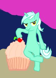 Size: 500x700 | Tagged: safe, artist:zorg, lyra heartstrings (mlp), equine, fictional species, mammal, pony, unicorn, feral, friendship is magic, hasbro, my little pony, 2011, atg 2011, bipedal, cupcake, female, food, horn, mare, newbie artist training grounds, smirk, smug, solo, solo female, tail