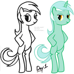 Size: 688x688 | Tagged: safe, artist:bravura, lyra heartstrings (mlp), equine, fictional species, mammal, pony, unicorn, feral, friendship is magic, hasbro, my little pony, 2011, atg 2011, bipedal, female, horn, mare, newbie artist training grounds, simple background, smiling, smirk, solo, solo female, tail, white background