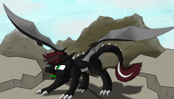 Size: 3500x2000 | Tagged: safe, artist:move, oc, oc only, dragon, fictional species, feral, angry, claws, high res, hissing, male, solo, solo male, stone, tail, wings