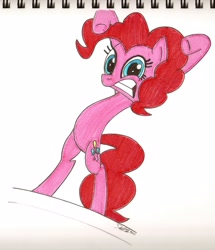 Size: 1375x1600 | Tagged: safe, artist:immersa, pinkie pie (mlp), earth pony, equine, fictional species, mammal, pony, feral, friendship is magic, hasbro, my little pony, 2011, atg 2011, bipedal, female, hair, mane, mare, newbie artist training grounds, on model, pink hair, pink mane, signature, simple background, solo, solo female, tail, traditional art, white background