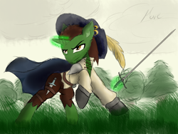 Size: 2000x1500 | Tagged: safe, artist:move, oc, oc only, equine, fictional species, mammal, pony, unicorn, feral, friendship is magic, hasbro, my little pony, beard, cape, clothes, dagger, ear piercing, fighting, glowing, glowing horn, grass, hat, horn, magic, male, piercing, rapier, smiling, solo, solo male, stallion, sword, tail, telekinesis, tree, weapon