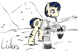 Size: 1500x1000 | Tagged: safe, artist:move, oc, oc only, oc:lidas, equine, mammal, pony, zebra, feral, friendship is magic, hasbro, my little pony, clothes, compass, male, solo, solo male, stripes, tail, tundra, winter