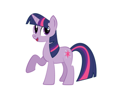 Size: 1600x1200 | Tagged: safe, artist:crowfall, twilight sparkle (mlp), equine, fictional species, mammal, pony, unicorn, feral, friendship is magic, hasbro, my little pony, 2011, atg 2011, female, horn, mare, newbie artist training grounds, on model, one hoof raised, open mouth, simple background, smiling, solo, solo female, tail, white background