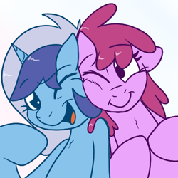 Size: 400x400 | Tagged: dead source, safe, artist:skoon, berry punch (mlp), minuette (mlp), earth pony, equine, fictional species, mammal, pony, unicorn, feral, friendship is magic, hasbro, my little pony, 1:1, cuddling, cute, duo, duo female, female, female/female, horn, hug, low res, mare, shipping, simple background, smiling, white background