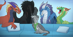 Size: 1579x811 | Tagged: character needed, safe, artist:draktau, oc, oc only, oc:silver (silverandcyanide), dragon, fictional species, furred dragon, western dragon, feral, black body, blue body, cheek fluff, chest fluff, claws, clothes, couch, crossed arms, feathered wings, feathers, fluff, glasses, goatee, gradient background, gray feathers, gray hair, green body, group, hair, horns, laughing, looking at something, looking down, mane, meme, nervous, open mouth, pillow, piper perri surrounded, purple hair, red body, reptile feet, scales, scarf, signature, sitting, size difference, sweat, tail, webbed wings, wings
