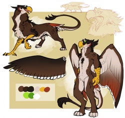 Size: 1280x1209 | Tagged: safe, artist:hoot, oc, oc only, oc:irikelo (bondjamesbond), bird, feline, fictional species, gryphon, mammal, anthro, digitigrade anthro, feral, beak, bird feet, black fur, brown feathers, brown fur, bust, cheek fluff, chest fluff, claws, color palette, disembodied wings, duality, feathers, featureless crotch, fluff, front view, fur, green eyes, leg fluff, leonine tail, male, open mouth, paws, raised leg, red feathers, reference sheet, side view, sketch, solo, solo male, tail, talons, tan feathers, tan fur, three-quarter view, white feathers