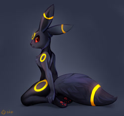 Size: 1000x937 | Tagged: safe, artist:2d10art, eeveelution, fictional species, mammal, umbreon, anthro, nintendo, pokémon, 2019, anthrofied, black fur, chest fluff, digital art, female, fluff, fur, gradient background, kneeling, looking at you, looking back, looking back at you, paw pads, paws, red eyes, side view, signature, simple background, solo, solo female, tail, tail fluff, underpaw, yellow fur
