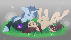 Size: 3333x1854 | Tagged: safe, artist:blue_raven, oc, oc only, oc:slumber tea, oc:tesseract, arthropod, bat pony, butterfly, equine, fictional species, insect, mammal, pony, unicorn, feral, friendship is magic, hasbro, my little pony, beanbrows, chest fluff, clothes, commission, couple, cute, duo, ear fluff, eyes closed, female, fluff, grass, gray background, hoodie, horn, kissing, lying down, male, male/female, on back, one eye closed, scarf, simple background, slumberact, tail, topwear, ych result