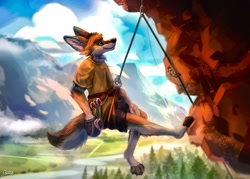 Size: 1988x1420 | Tagged: safe, artist:jacato, oc, oc only, canine, coyote, mammal, anthro, digitigrade anthro, blue eyes, climbing, harness, male, mountain climbing, scenery, smiling, solo, solo male, suspended, tack, tail