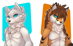 Size: 1250x800 | Tagged: safe, artist:eternityzinogre, big cat, canine, feline, mammal, tiger, wolf, anthro, blue eyes, bust, duo, fluff, heterochromia, jewelry, looking at you, male, neck fluff, necklace, smiling, yellow eyes