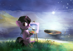 Size: 2000x1400 | Tagged: safe, artist:freeedon, oc, oc only, equine, fictional species, mammal, pony, unicorn, feral, friendship is magic, hasbro, my little pony, 2017, beach, canoe, cloud, commission, easel, female, grass, horn, looking back, mare, mountain, mountain range, painting, scenery, scenery porn, sitting, sky, smiling, solo, solo female, tail, water