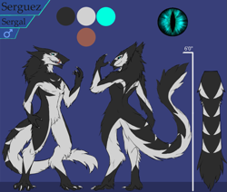 Size: 1275x1080 | Tagged: safe, artist:mick39, oc, oc only, oc:serguez, fictional species, mammal, sergal, anthro, digitigrade anthro, arm fluff, black fur, chest fluff, claws, disembodied tail, featureless crotch, fluff, forked tongue, front view, fur, leg fluff, licking lips, male, neck fluff, pubic fluff, raised hand, rear view, reference sheet, sharp teeth, simple background, solo, solo male, standing, tail, teal eyes, teeth, three-quarter view, tongue, tongue out, white fur