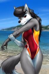 Size: 1900x2850 | Tagged: safe, artist:mykegreywolf, oc, oc only, oc:myke greywolf, oc:mykie greywolf, canine, mammal, wolf, anthro, 2020, arm fluff, armpits, beach, black nose, body markings, cheek fluff, claws, clothes, female, fluff, fur, fursona, gray fur, gray hair, hair, high res, hip fluff, leg fluff, looking at you, ocean, one-piece swimsuit, pale belly, red eyes, rule 63, sexy, shoulder fluff, solo, solo female, stretching, swimsuit, tail, tail fluff, thighs, thong swimsuit, water, wet, wet hair, wide hips