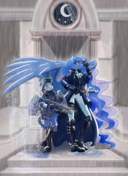Size: 1280x1746 | Tagged: safe, artist:oneiricnebula, princess luna (mlp), alicorn, bat pony, equine, fictional species, mammal, pony, anthro, plantigrade anthro, friendship is magic, hasbro, my little pony, 2020, anthrofied, assault rifle, bat wings, beret, boots, clothes, commission, duo, feathered wings, feathers, fn eglm, fn scar l, gun, horn, night guard, rain, rifle, shoes, smiling, spurs, story included, sword, weapon, webbed wings, wings