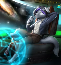 Size: 2212x2360 | Tagged: safe, artist:mykegreywolf, oc, oc only, border collie, canine, dog, mammal, anthro, chair, cup, female, galaxy, high res, hologram, sci-fi, solo, solo female, space, spaceship, tail, vehicle, window