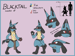 Size: 2000x1500 | Tagged: safe, artist:doesnotexist, oc, oc only, oc:blacktail (doesnotexist), fictional species, lucario, mammal, anthro, nintendo, pokémon, clothes, loincloth, male, paw pads, paws, reference sheet, silhouette, size comparison, solo, solo male, tail, teeth