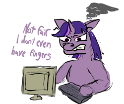 Size: 811x678 | Tagged: safe, artist:frostclaw, twilight sparkle (mlp), equine, fictional species, mammal, pony, unicorn, feral, friendship is magic, hasbro, my little pony, 2020, angry, atg 2020, computer, dialogue, female, gritted teeth, horn, keyboard, mare, monitor, newbie artist training grounds, solo, solo female, talking