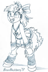 Size: 433x651 | Tagged: safe, artist:brianblackberry, cheerilee (mlp), earth pony, equine, fictional species, mammal, pony, feral, friendship is magic, hasbro, my little pony, bipedal, black and white, bow, braces, cheerleader, clothes, female, grayscale, hair bow, leg warmers, mare, monochrome, simple background, sketch, smiling, solo, solo female, tail, white background