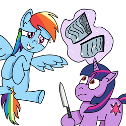 Size: 1280x1280 | Tagged: safe, artist:lordpuhadk, rainbow dash (mlp), twilight sparkle (mlp), equine, fictional species, mammal, pegasus, pony, unicorn, feral, friendship is magic, hasbro, my little pony, 2020, angry, atg 2020, book, duo, duo female, feathered wings, feathers, female, flying, horn, knife, mare, nervous, newbie artist training grounds, spread wings, stare, tail, telekinesis, wings