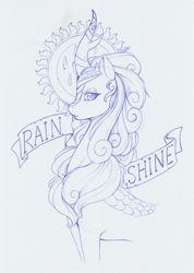 Size: 1103x1551 | Tagged: safe, artist:longinius, rain shine (mlp), equine, fictional species, kirin, mammal, feral, friendship is magic, hasbro, my little pony, curved horn, female, horn, monochrome, simple background, solo, solo female, white background