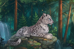Size: 1200x789 | Tagged: safe, artist:yakovlev-vad, big cat, feline, mammal, snow leopard, feral, lifelike feral, ambiguous gender, forest, fur, lying down, non-sapient, paws, prone, river, solo, solo ambiguous, tail, teal eyes, tree, water, waterfall