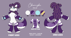 Size: 4000x2160 | Tagged: safe, artist:chonkycrunchy, oc, oc only, oc:cherishe, canine, mammal, wolf, anthro, digitigrade anthro, cheek fluff, chest fluff, collar, color palette, english text, featureless crotch, female, fluff, front view, fur, hair, neck fluff, nudity, paw pads, paws, purple background, rear view, reference sheet, simple background, solo, solo female, tail, text
