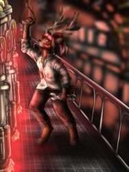 Size: 1200x1600 | Tagged: safe, artist:kyotaba, oc, oc only, oc:juniper lîdje, cervid, deer, mammal, anthro, antlers, blue eyes, clothes, cloven hooves, complex background, fluff, hair, hooves, machine, male, neck fluff, red hair, sideburns, solo, solo male, wrench